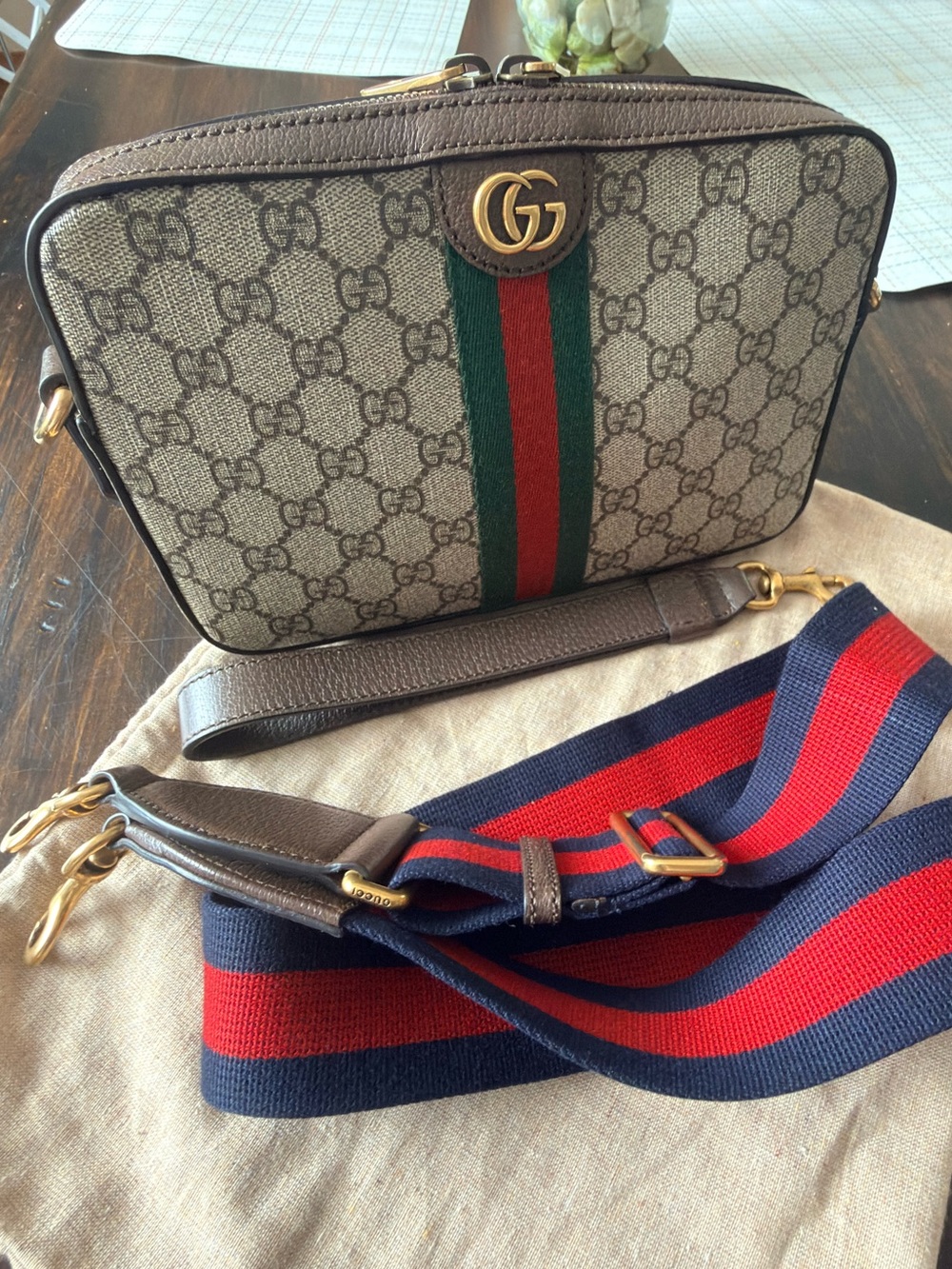 Gucci Brown GG Supreme Belt Bag with Green and Red Web Stripe